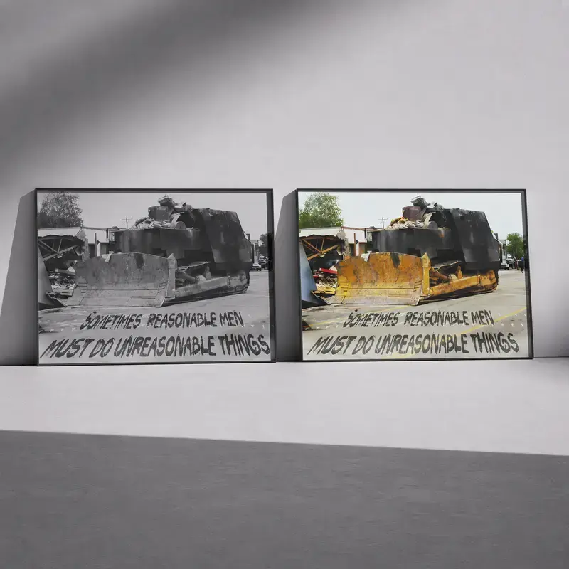 Sometimes Reasonable Men Must Do Unreasonable Things Framed Canvas Wall Art, Armored Bulldozer Quote Poster, Industrial Decor for Garage Man Cave Office