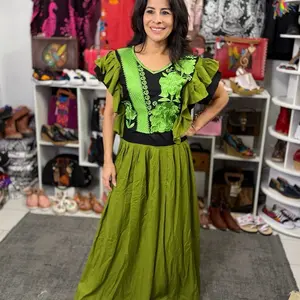 Vestido Rayón $65 -  Long Embroidered Made in Mexico  Maxi Dress with Ruffle Sleeves and Lace Detail