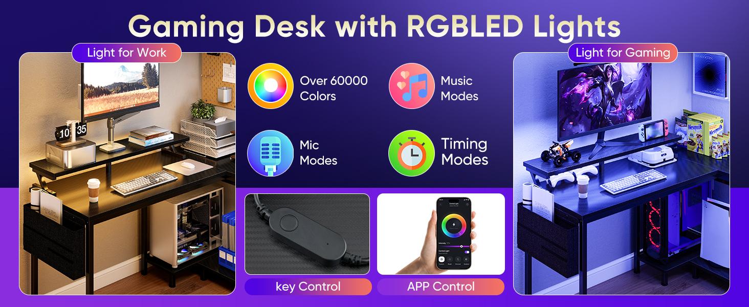 L Shaped Computer Desk with Monitor Stand, LED Lights & Power Outlets, Corner Gaming Desk with Storage Shelf, Home Office Study Desk