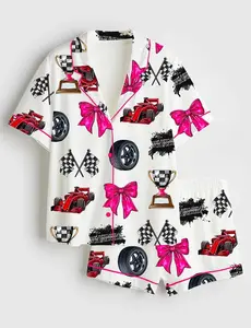 Coquette Racing Flag Satin Pajama Set for Women, Long Sleeve Bow Pajamas, PJs Gift for Her, Girly Sleepwear