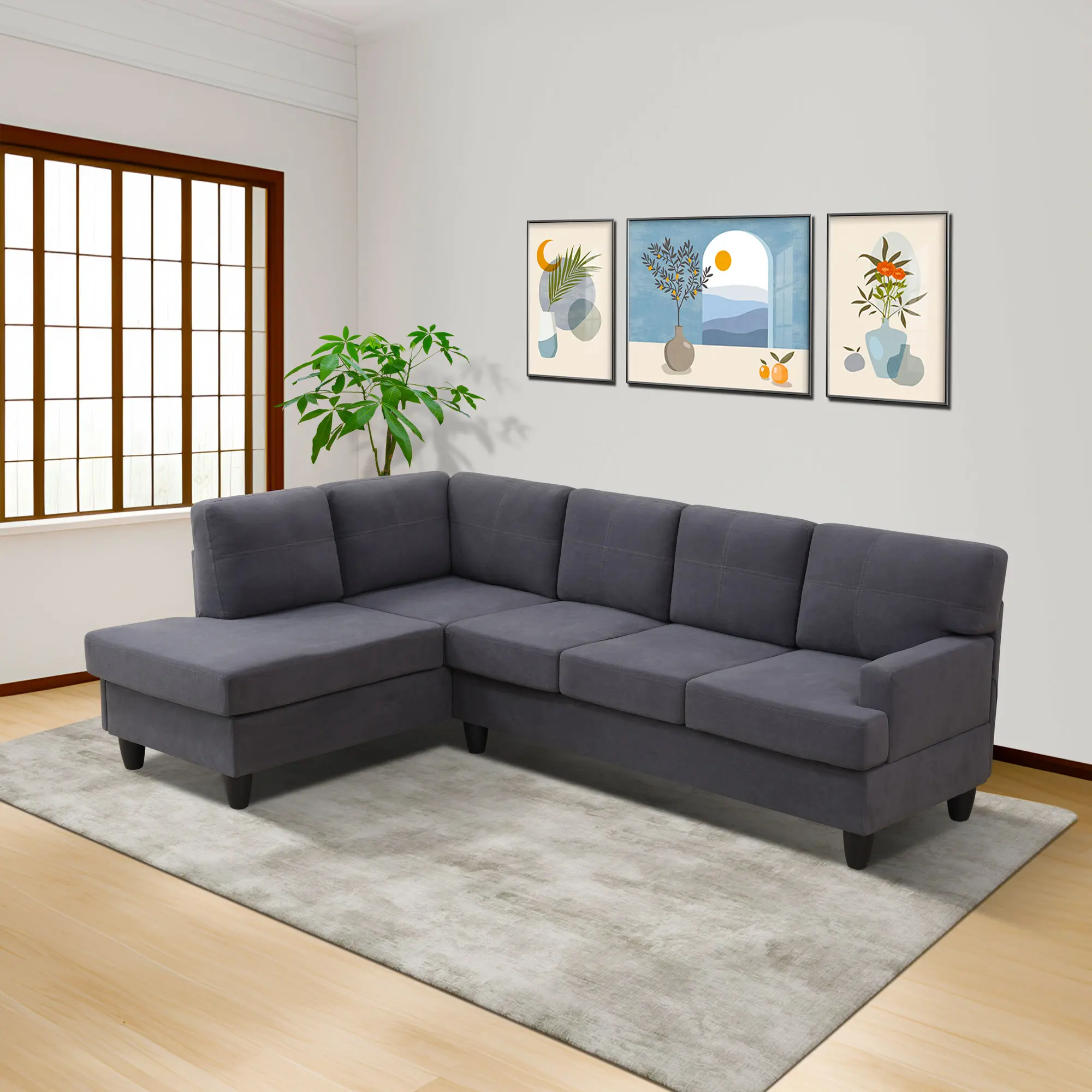 Dark Grey 2-Piece U-Shaped Sectional Sofa Set with Cotton Upholstery, Fixed Arms, 5 Seats, Modern Breathable Fluffy Couch, Deep Seat, Sturdy Frame, Space-Saving Indoor Living Room Apartment Furniture