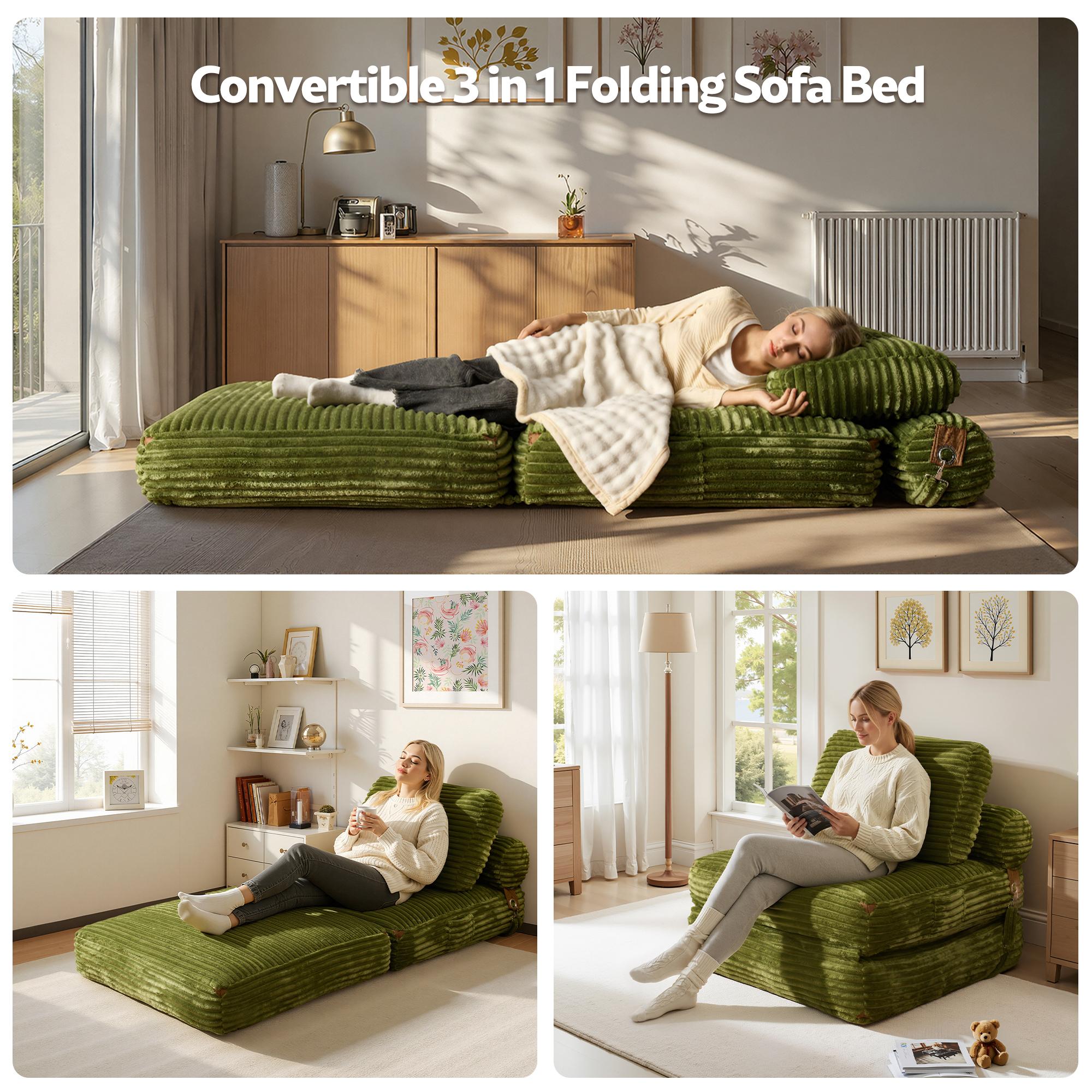 OOSWIFT 36''Corduroy Folding Sofa Bed, Convertible Sleeper Chair with Pillow Foldable Mattress with Back Support; Single & Double Size