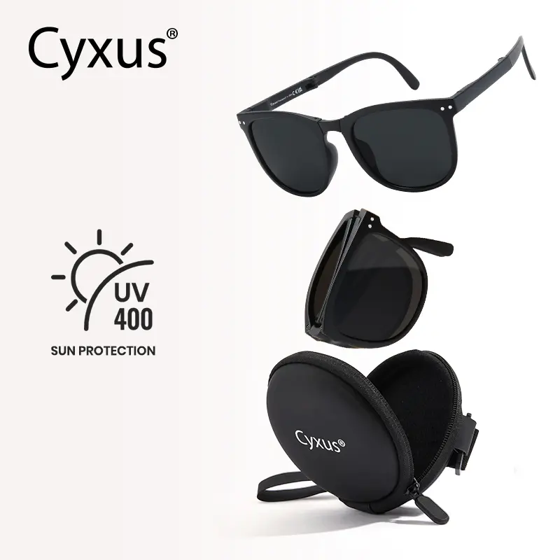 Cyxus Full Rim Foldable Rectangle Frame Sunglasses - Polarized TAC Lenses, UV400 Protection, Ultra Lightweight, Adjustable Lenses, Modern Unisex Style, Pocket-Sized, Driving Beach Eyewear, Couples Gift with Organizer (1019) for Better Visual Clarity, Tren