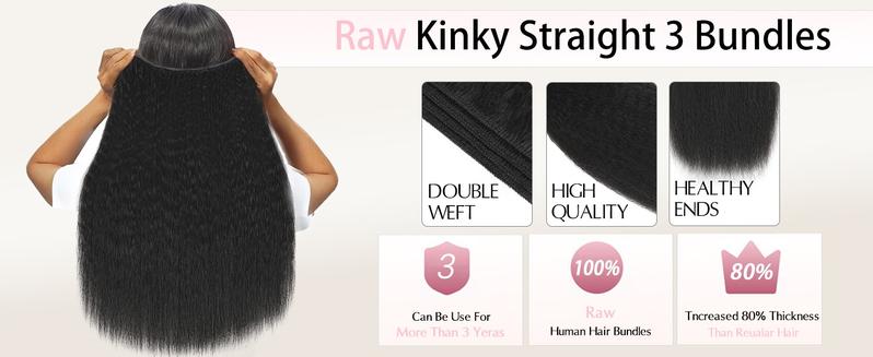 Lemoda Raw Kinky Straight Human Hair Bundles 100% Unprocessed Brazilian Human Hair Full and Thick 3 Bundles 16A Double Weft Yaki Straight Bundles Human Hair Natural Color