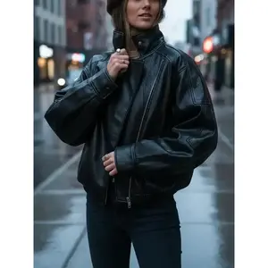Black imitation leather jacket, stand up collar, oversized motorcycle riding jacket, elastic hem, street wear, casual long sleeved waterproof spring and autumn windproof jacket, women's daily wear, casual fashion jacket