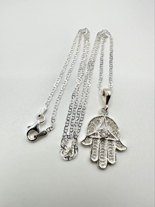 Hamsa Hand of Fatima with Evil Eye  925 Sterling Silver Pendant with 20” Marine Chain — Symbol of Protection & Good Energy
