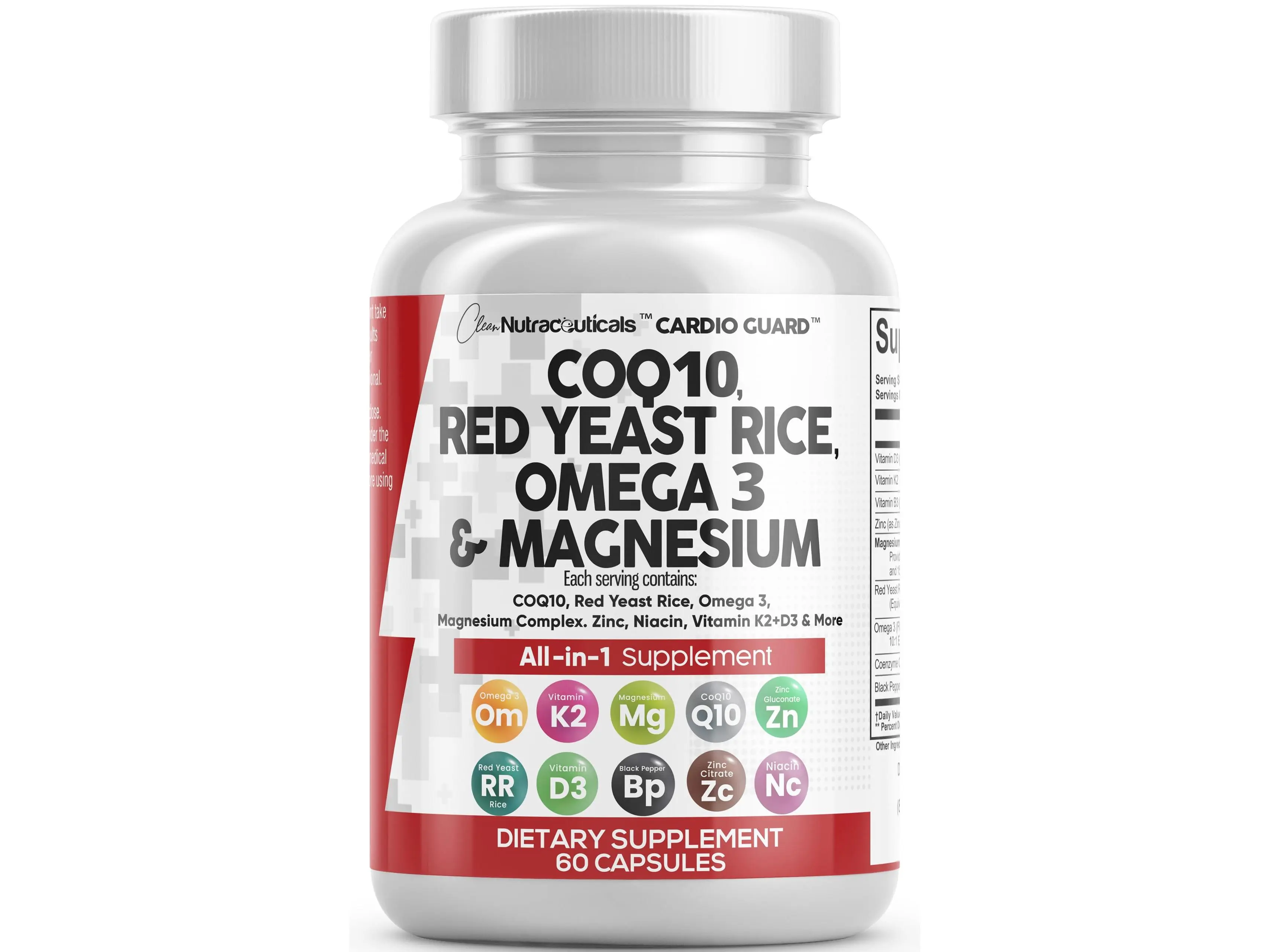 Clean Nutraceuticals COQ10, Red Yeast Rice, Omega 3, Magnesium Complex, Niacin, Zinc, Vitamin K2 D3 & More for Women & Men Supplemet Capsules – Cardio Guard