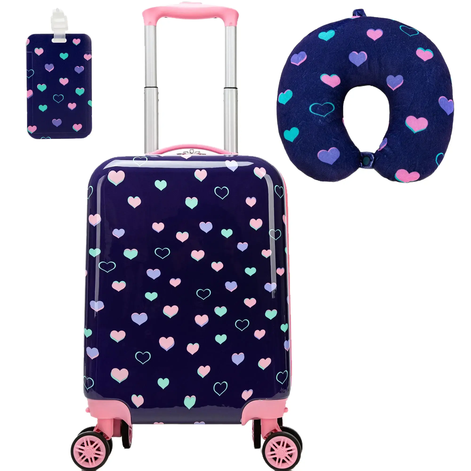 Girls 3-Pcs Heart 4-in-1 Hard-Shelled Rolling Carry-On Spinner Luggage Set, Kids Hardshell Suitcase with Neck Pillow & Tag, Navy Blue Travel Gear for Teens – Portable Holiday Birthday Gift, 4-In-1 Carry-On Luggage, Hard-Shelled Carry-On Luggage adjustable