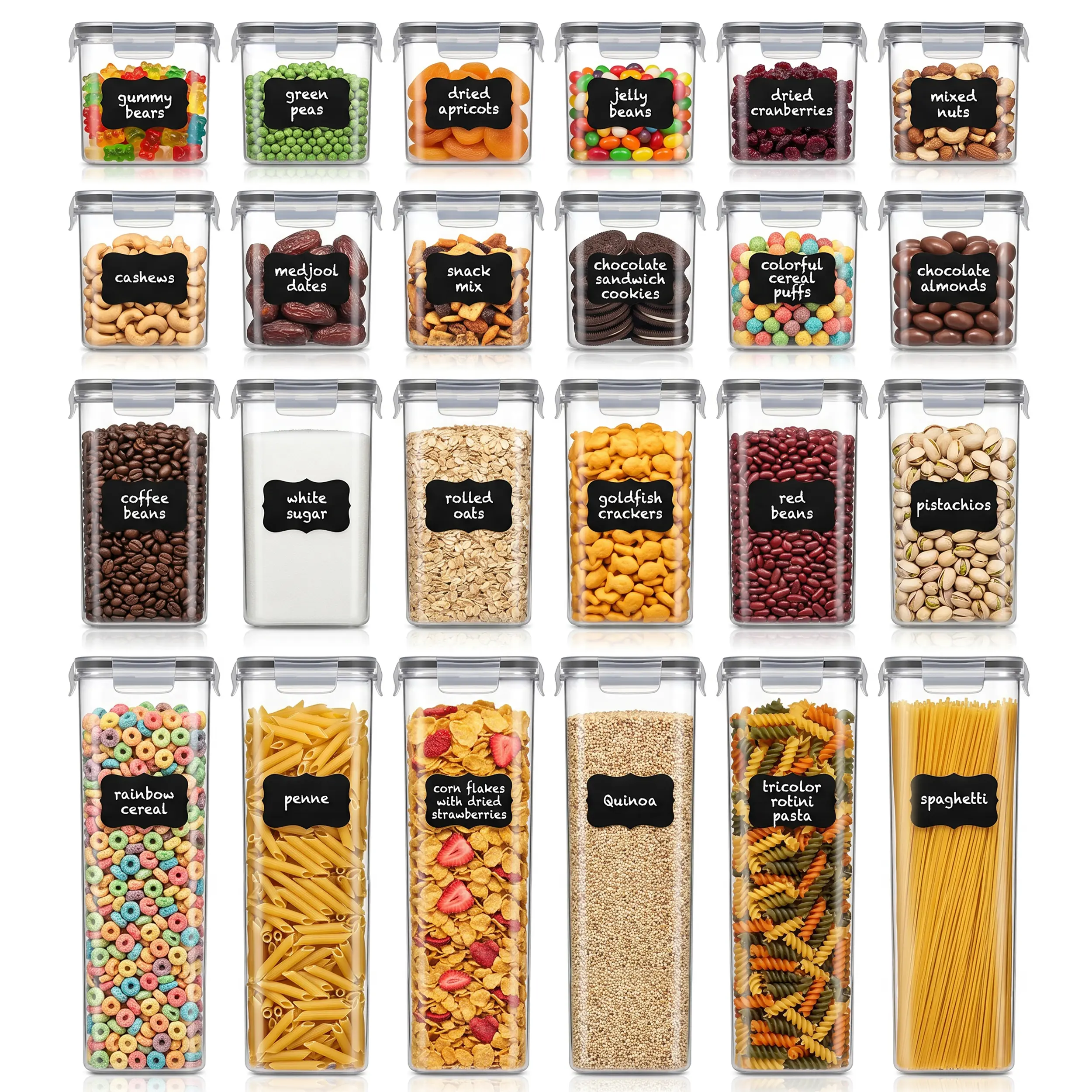 FRESHWARE 48-Piece Airtight Food Containers Set - BPA-Free Silicone Seal Reusable Stackable Leak-Proof Plastic Kitchen Preserving Supplies, 6 Medium (2.11 qt), 6 Small (1.69 qt), Nesting Lid, Label & Measure Kit, 4 Measuring Cups, Dry Food Compatible