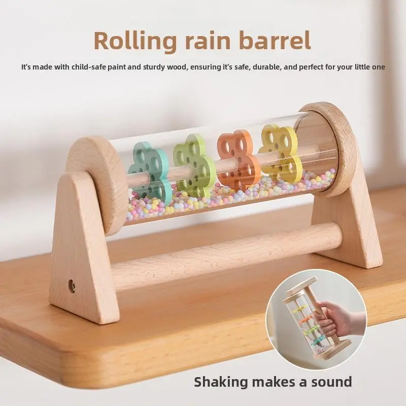 Montessori Early Educational Hand Rattle for Babies, Infant Grasping & Teething Wooden Toy, Rainmaker