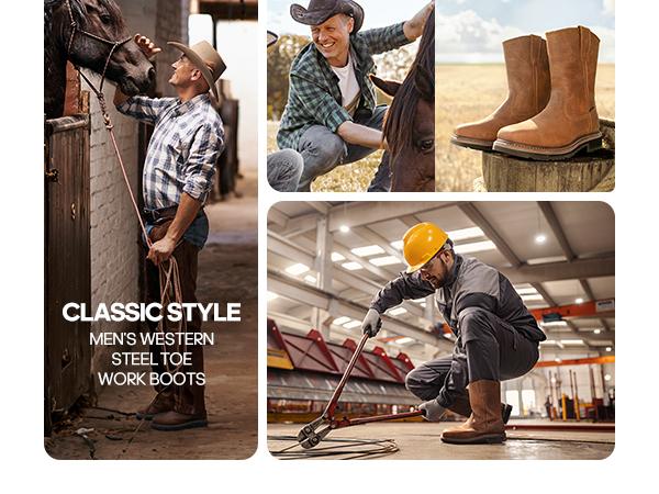 NORTIV 8 Steel Toe Boots for Men Waterproof Pull-on Wellington Work Boots Boy Footwear Closed Comfort Walking Shoes Rugged Leather Upper Construction Site Tough