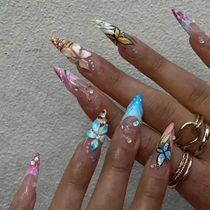 Pastel Butterfly Garden Press On Nails | 3D Floral Almond Nails with Rhinestones | Spring Summer Fantasy Handmade Nail Art