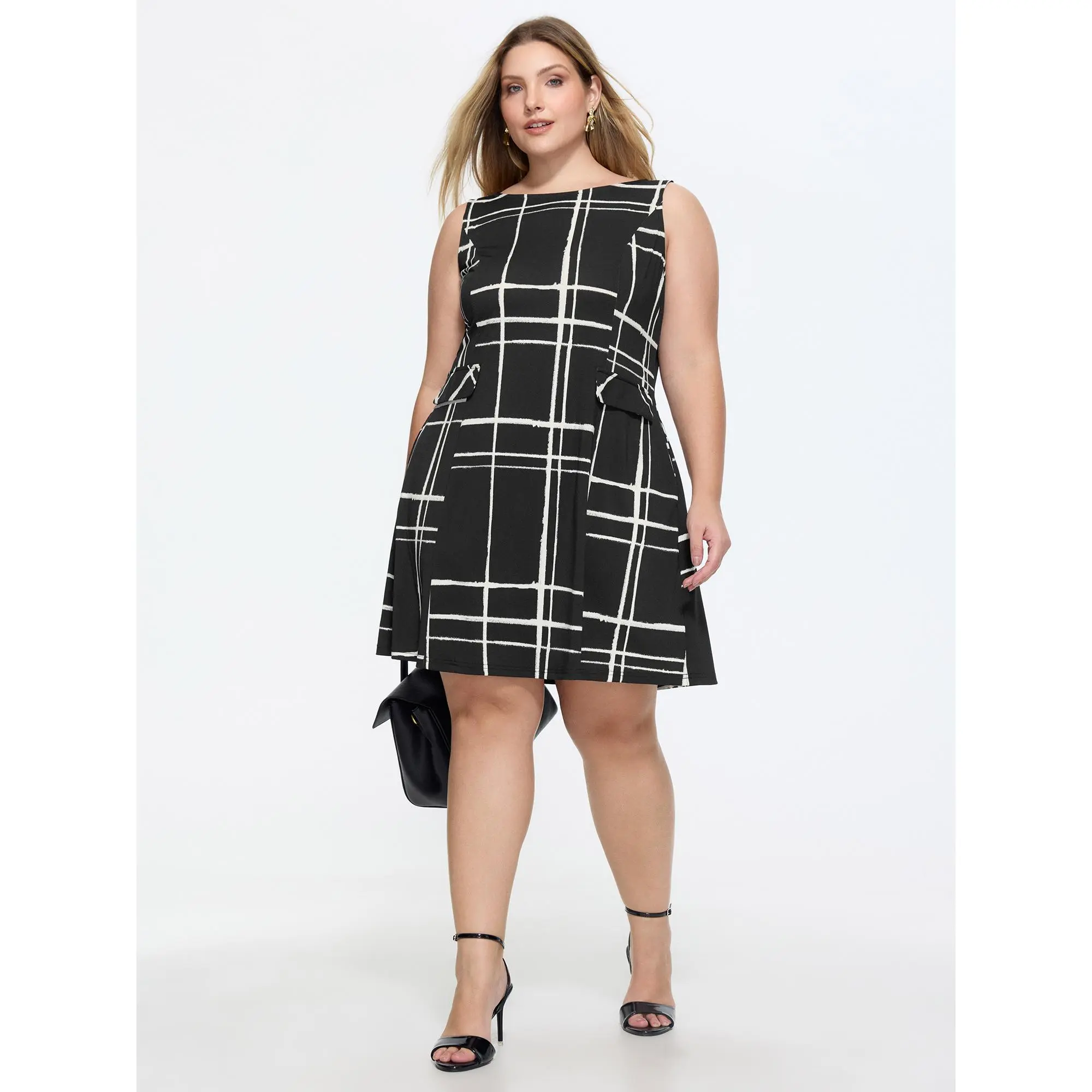 BloomChic Women's Plus Size Striped Cold Shoulder Office Casual Dress - Polyester-Elastane Blend Fabric, Pull-On, Sleeveless, Fake Pockets, Low Iron, Fits 14-16/1X, Above-Knee Mini