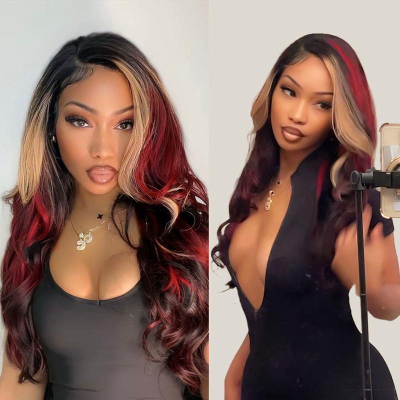 Body Wave Black Red Blonde Highlights Human Hair Wig  Transparent Lace Frontal Wigs Pre Plucked with Baby Hair 180% Density Blonde Red Highlights Wig 13X4 Pre Plucked Lace Front Wig