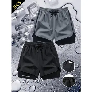 2-piece set of double-layer sports shorts - loose outer layer, close fitting inner lining - breathable and quick drying, suitable for running, fitness and casual wear