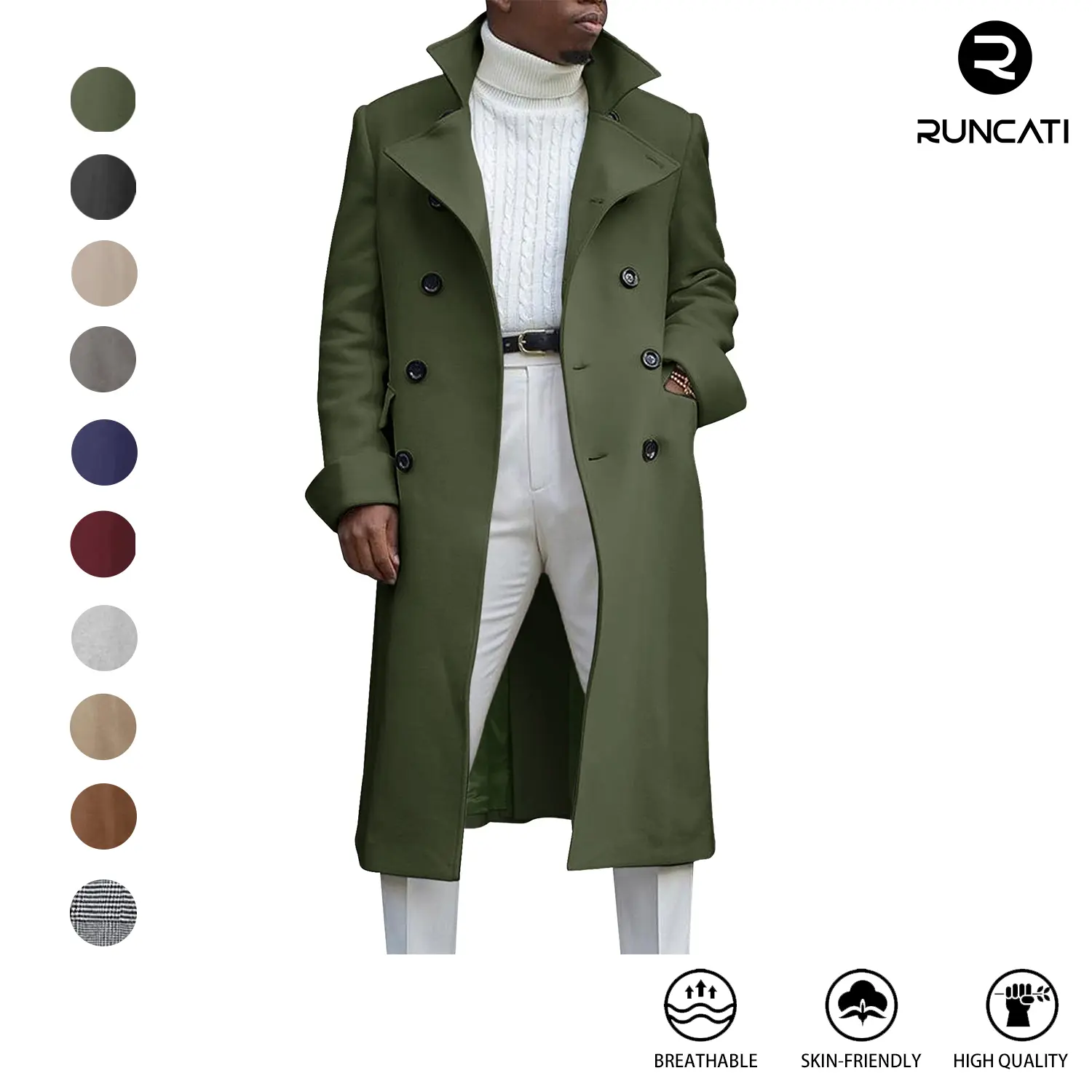 Runcati Men's Notch Lapel Double Breasted Long Trench Coat Casual Cotton Blend Peacoat