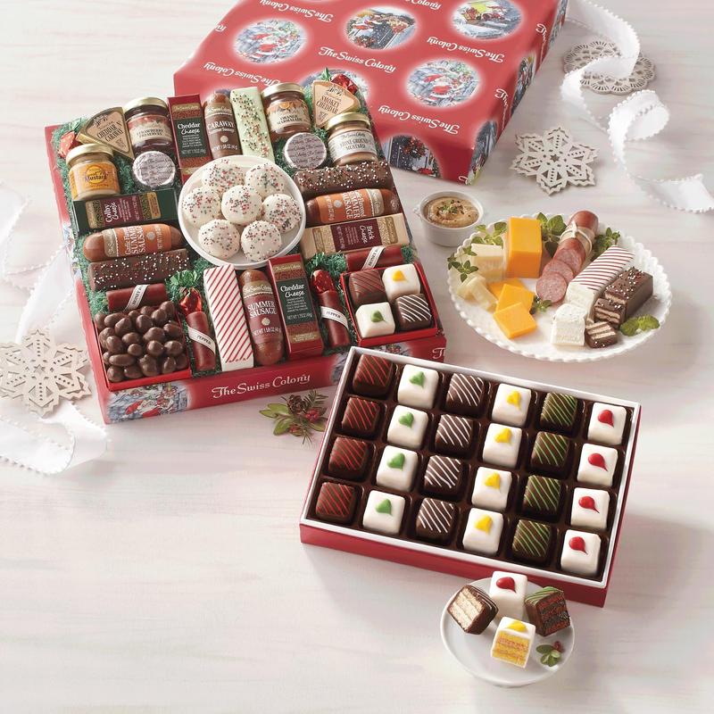 The Swiss Colony 27 Favorites and Christmas Petits Fours Gift Bundle - Assorted Cheeses, Candies, Chocolates, and Summer Sausage Meats, Chocolate Confection and Swiss Creme Gourmet Mini Layer Cakes