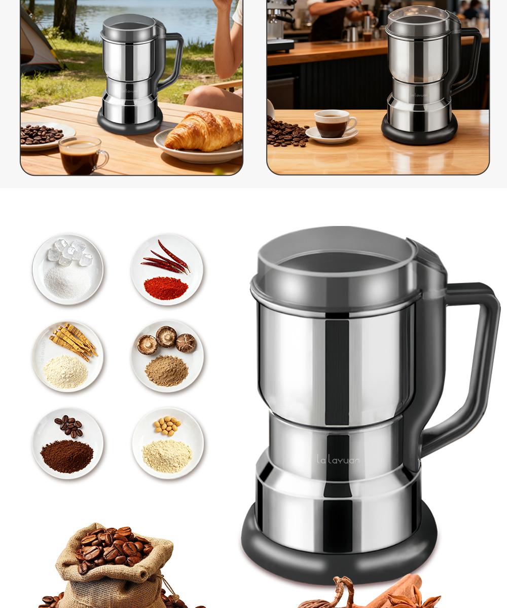 Electric Coffee Grinder Multifunctional Coffee Bean SpiceBeans Vanilla Stainless Steel Mixer 300W High PowerCrusher coffee grinder Electric Coffee Stainless SteelMeasuring Pitcher with Lid Espresso Distribution Tool withStand fast grind