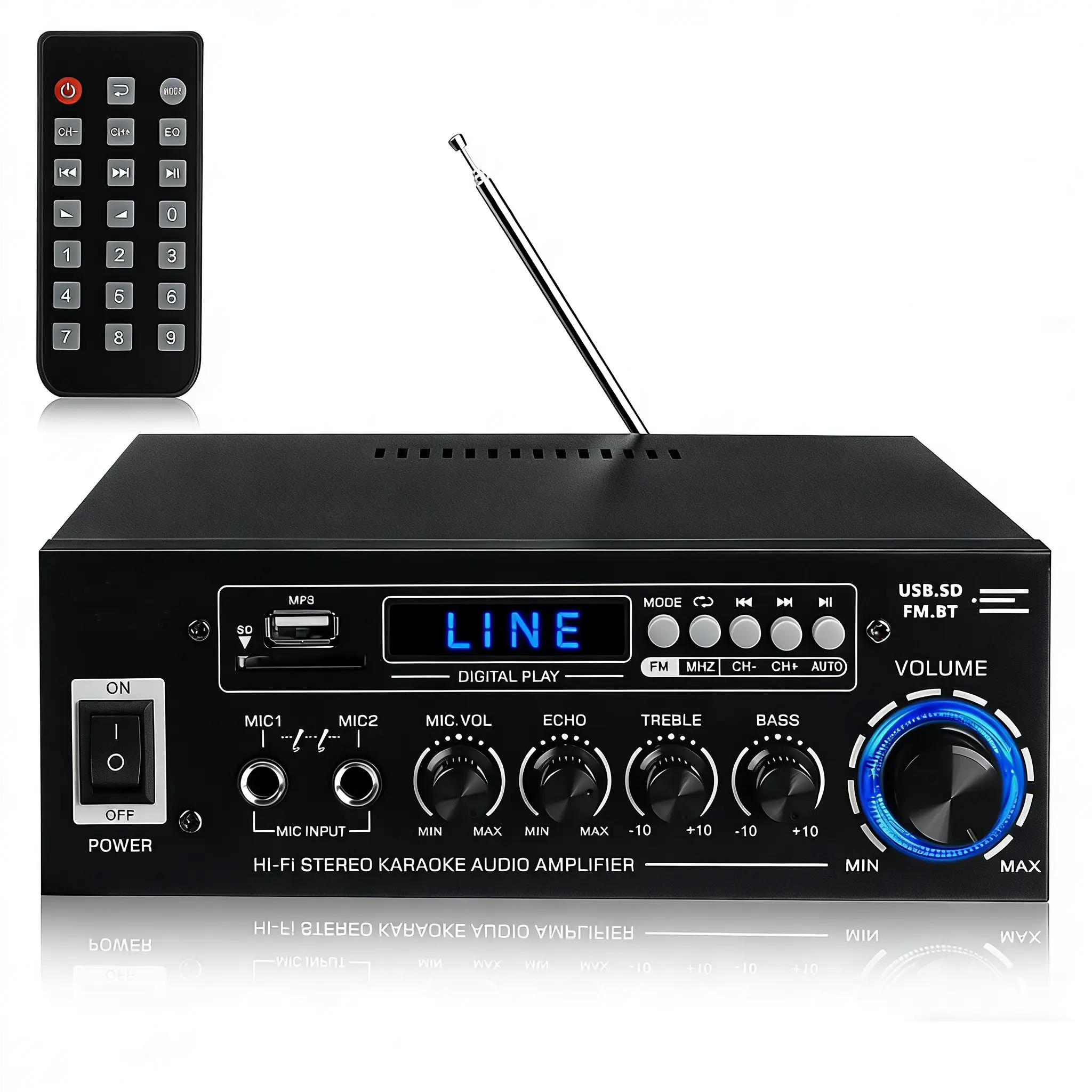 Stereo Amplifier Bluetooth 5.0, 360W Peak HiFi 2.0 Channel Power Amp with Dual Mic Support for Karaoke, FM Radio/USB/SD/RCA Home Audio Receiver for Theater & Car