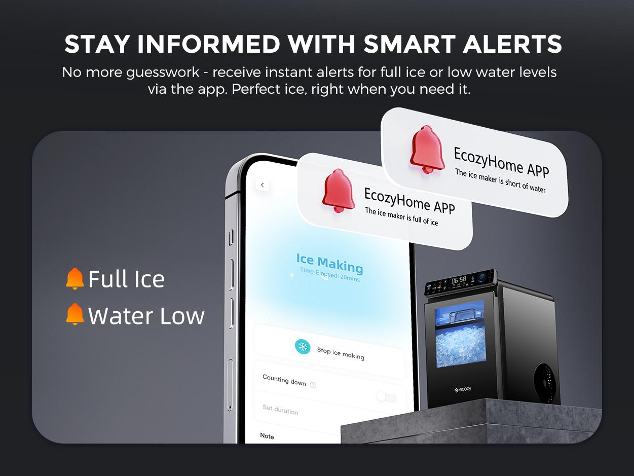 ecozy WiFi Smart Nugget Ice Maker Countertop, Full-Color Smart Panel Ice Machine, 44 lbs/Day, Pull-Out Water Tank, Self-Cleaning