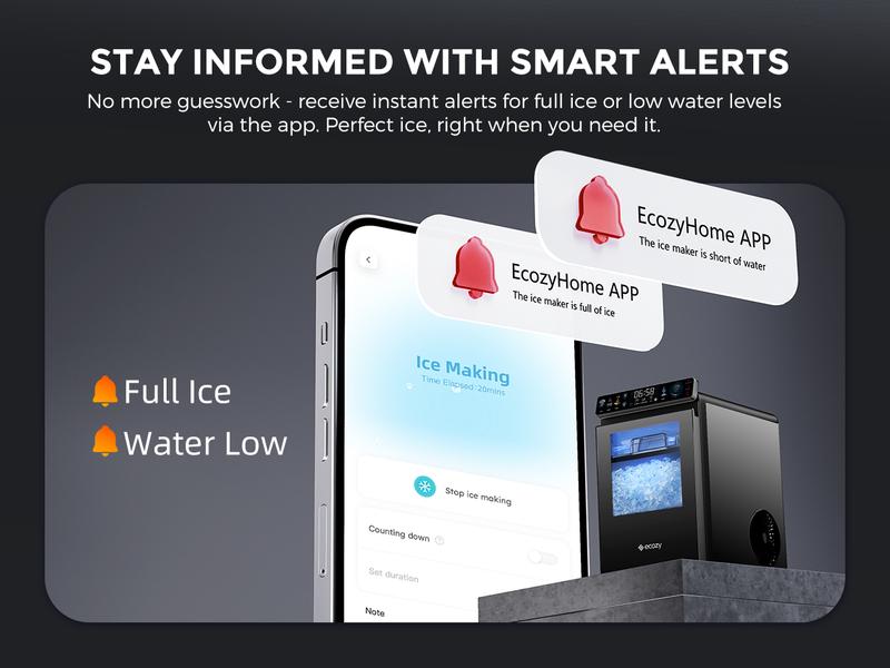 ecozy WiFi Smart Nugget Ice Maker Countertop, Full-Color Smart Panel Ice Machine, 44 lbs/Day, Pull-Out Water Tank, Self-Cleaning