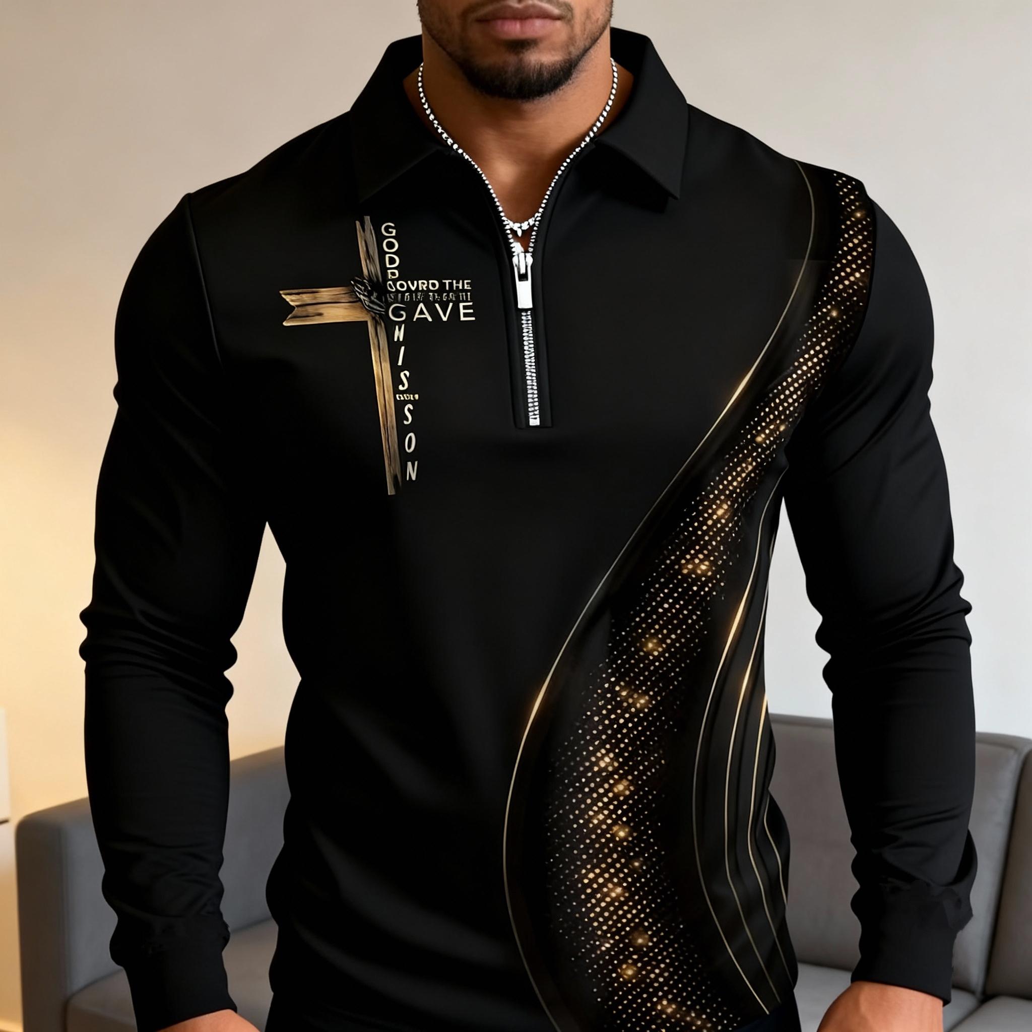 Men's black gold contrasting half zipper polo shirt | Light luxury style slim fit long sleeved cross print trendy brand top Chic Elegant Casual Menswear[100% Polyester]