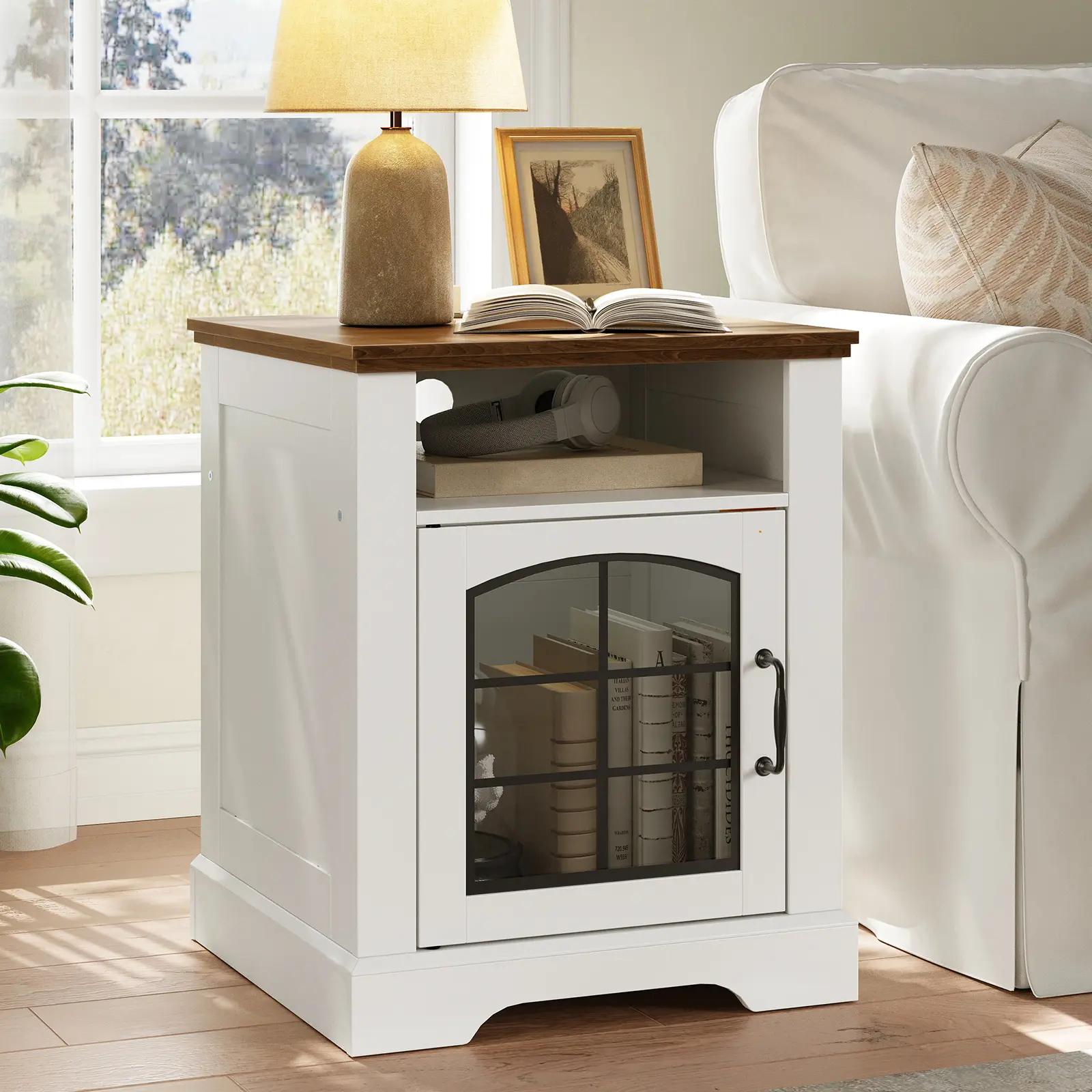 HOOBRO Small Farmhouse End Table - Rustic Charging Station Nightstand with Charging Ports, Easy Setup, Rustic Textures, Wooden Base, Tempered Glass Barn Door, White & Walnut  #SummerVibes, Compact Bedside Tables, Durable Bedside Tables