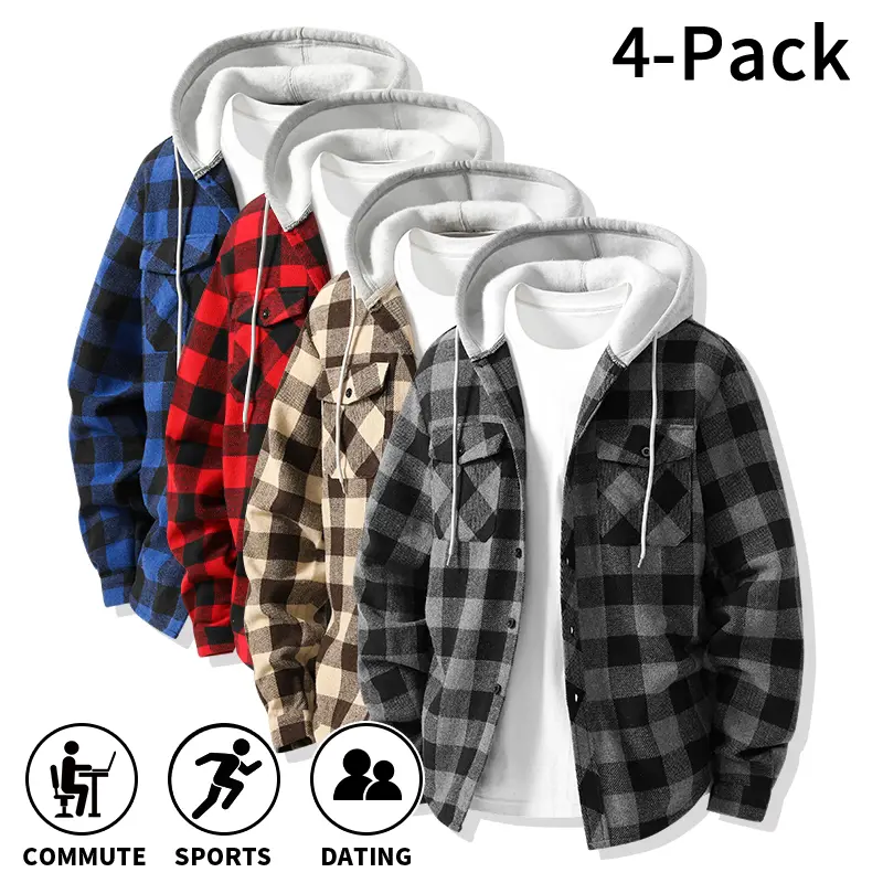 4-pack vintage classic hooded plaid flannel long-sleeve lapel shirts/jackets; loose buffalo check hooded casual jackets with drawstring hoods for commuting, sports, dates, and street-style outfits,clothes for back to school,first day of school outfits