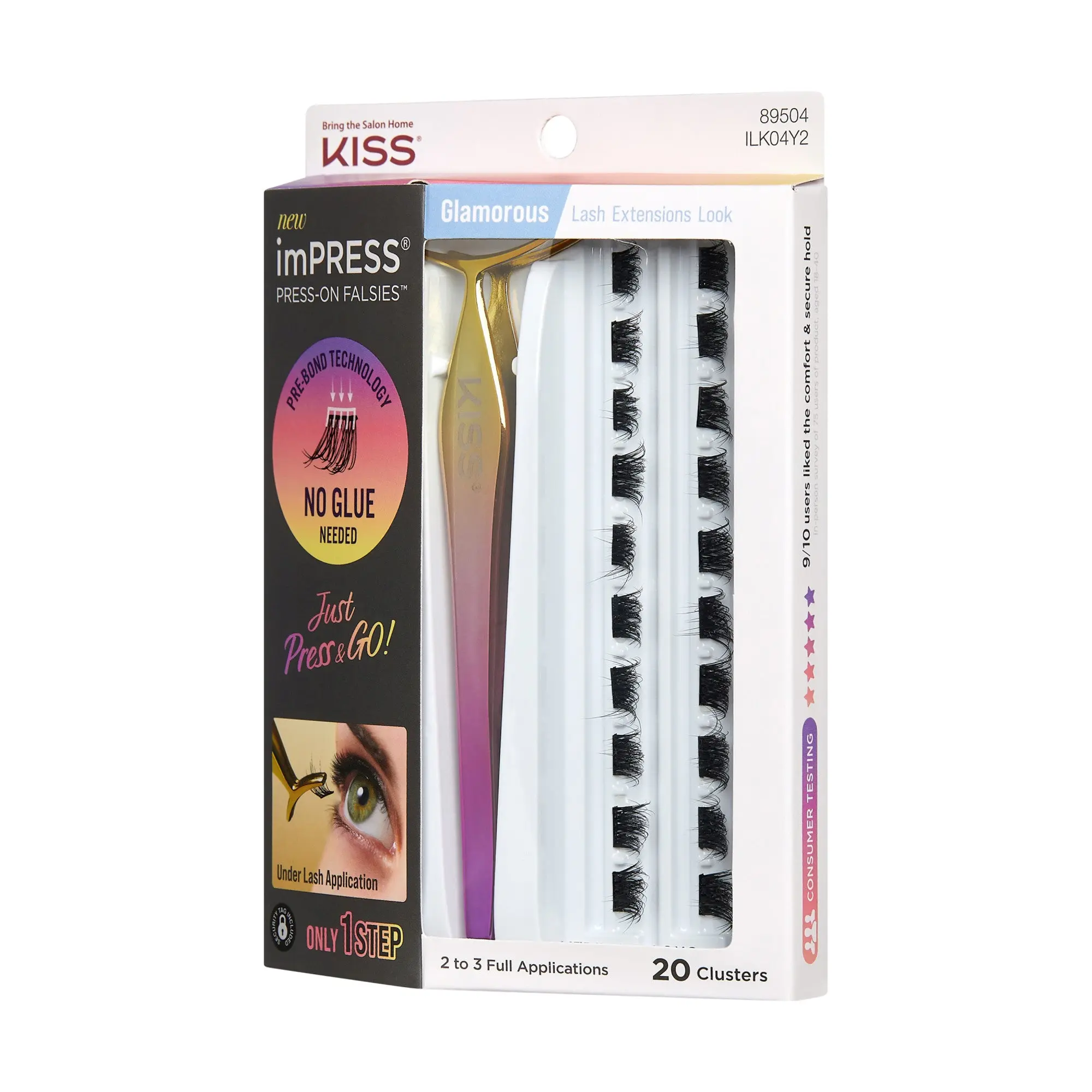 Impress Falsies Pre-Glued False Eyelashes Starter Kit - Glamorous | 20 Lash Clusters, With Applicator, 12mm-14mm