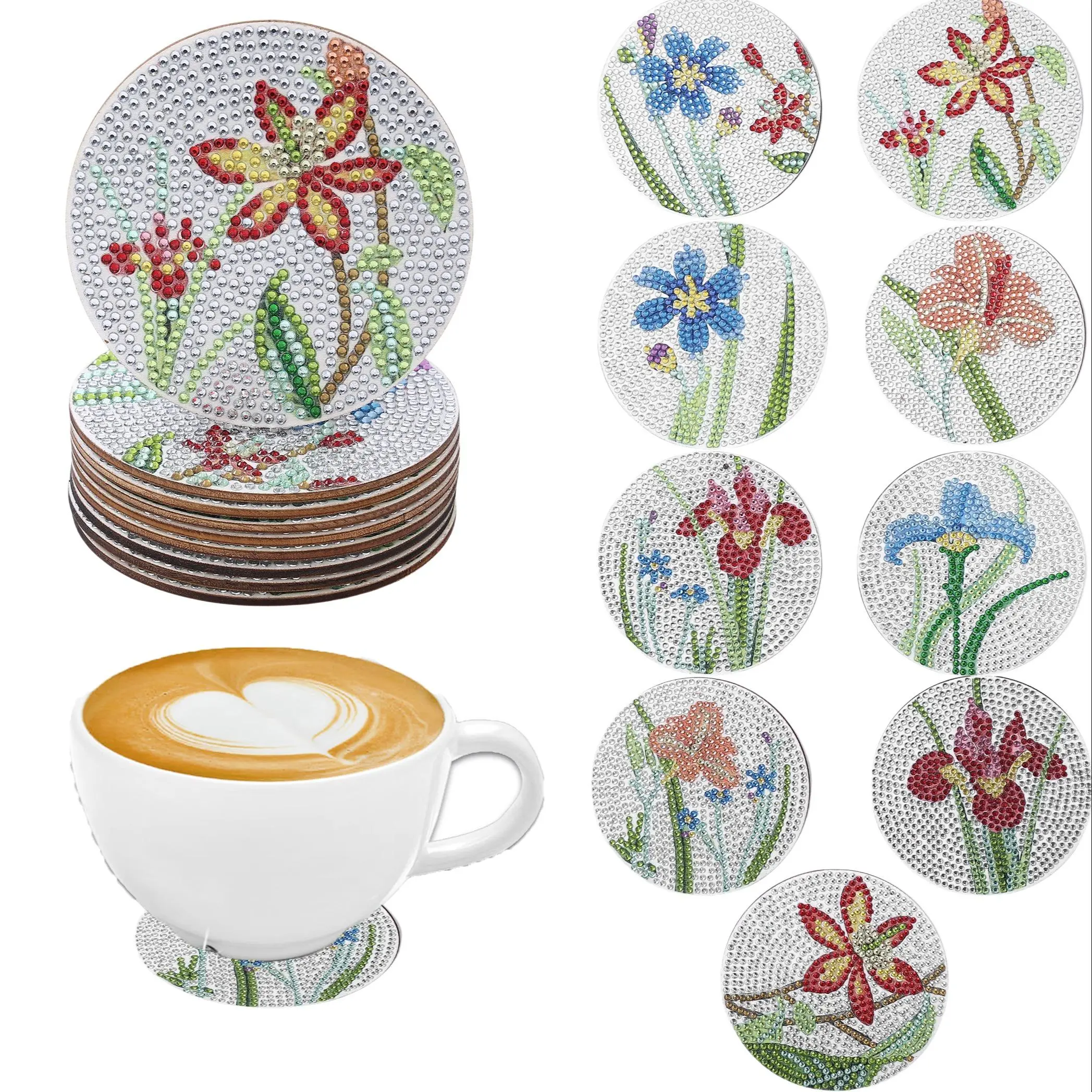 Flower Pattern DIY Diamond Arts Colorful Painting Coaster Kit, 9 Counts/set Wooden Coasters DIY Decorative Coaster for Home Office Coffee Cup, Diamond Painting Coasters