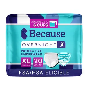 Because Overnight Absorbency Pull Ups - Adult Disposable Incontinence Underwear, Extra Absorbent Nighttime Briefs for Men and Women, White, XLarge, 20 Count