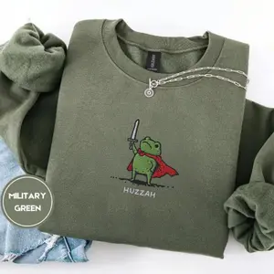 Embroidered Huzzah Frog Sweatshirt, Funny DnD Pullover, Renaissance Faire Frog Crewneck, Medieval Fantasy Gamer Gift