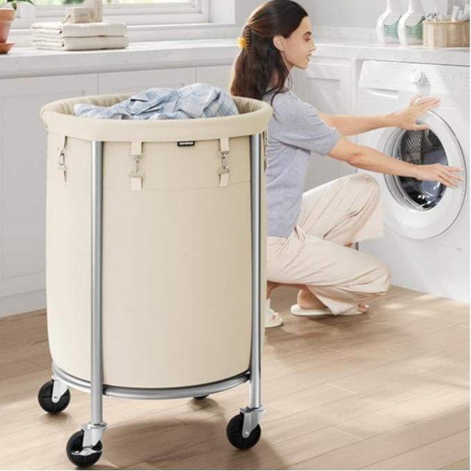 SONGMICS Laundry Basket with Wheels, Rolling Laundry Hamper, Round Laundry Cart with Steel Frame and Removable Bag ,Organiser