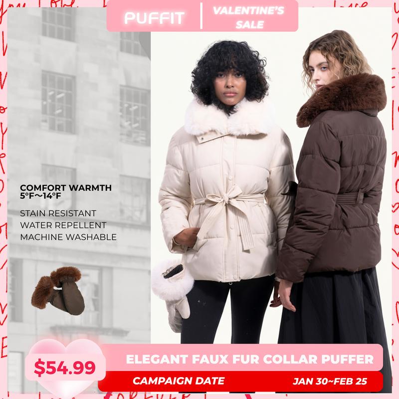 PUFFIT WarmCore Premium Elegant Fur-Collar Puffer Detachable Fur Collar ...