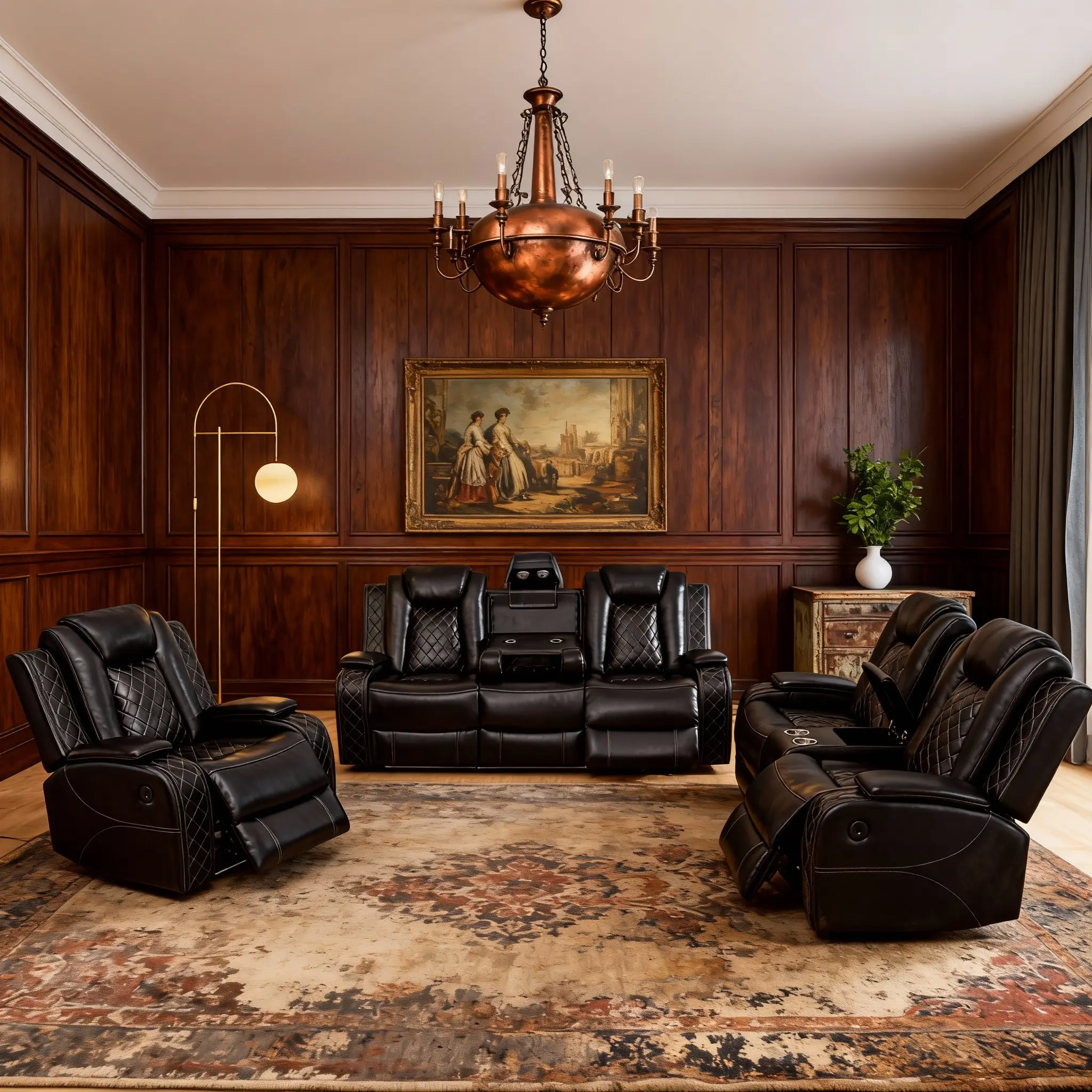 3-Piece Modern Black Breathable Leather Recliner Sectional Sofa Set - Chic, Dark, Cupholder Sofa Sets with Push-Back Mechanism, Adjustable Arms for Living Room, Home Theater Comfortable Seating Solutions, Chic Sofa Sets Sectional Sofa Couches Recliner Lov