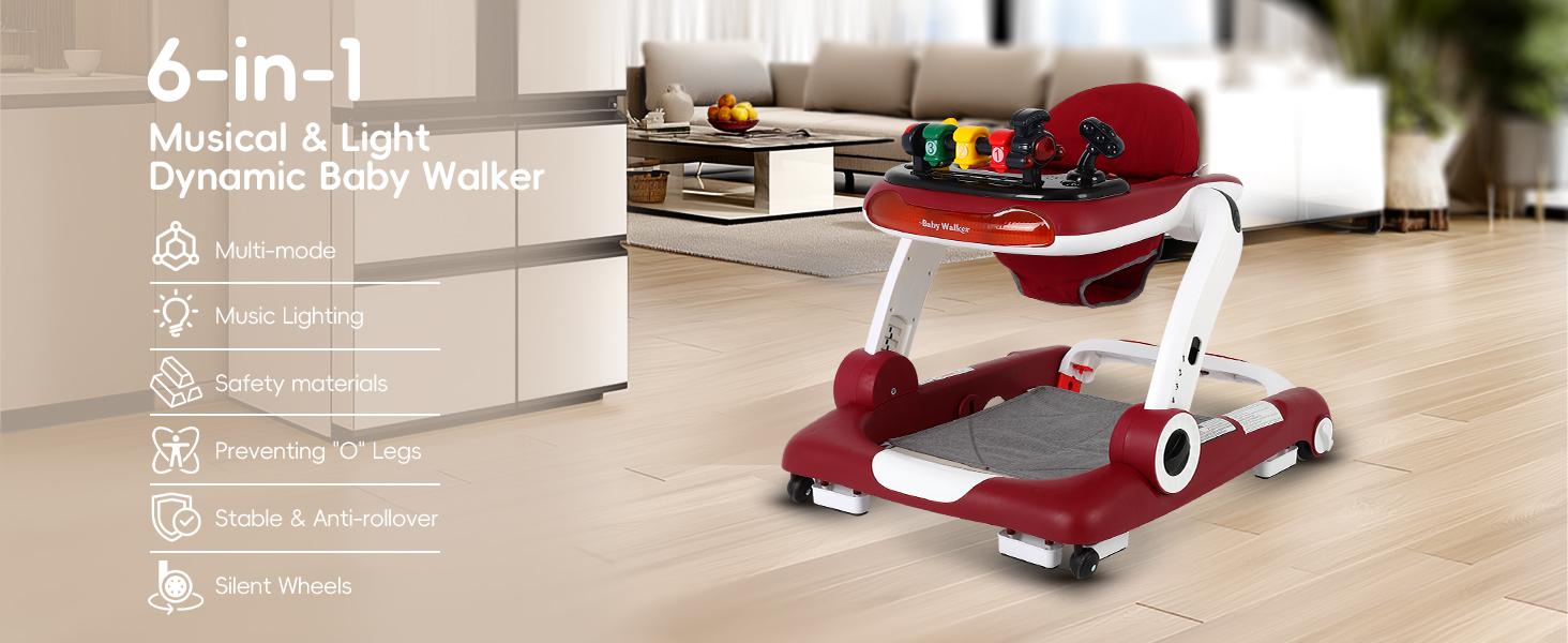 6-in-1 Baby Walker, Foldable Activity Walker with Adjustable Height & Speed, Music, Lights, Anti-Rollover, Toddler Push Walker, Baby Walker with Wheels for Boys & Girls 6-18 Months