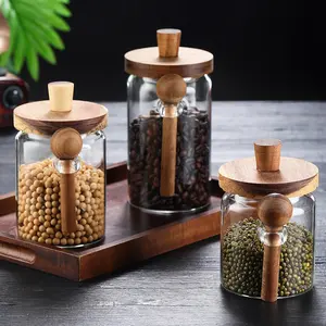 sugar storage-Set of 3 Glass Jars with Wooden Lids and Spoons for Kitchen Food Storage Coffee Tea Sugar Decorative Countertop Organization Jars Bottle Containers meal prep containers