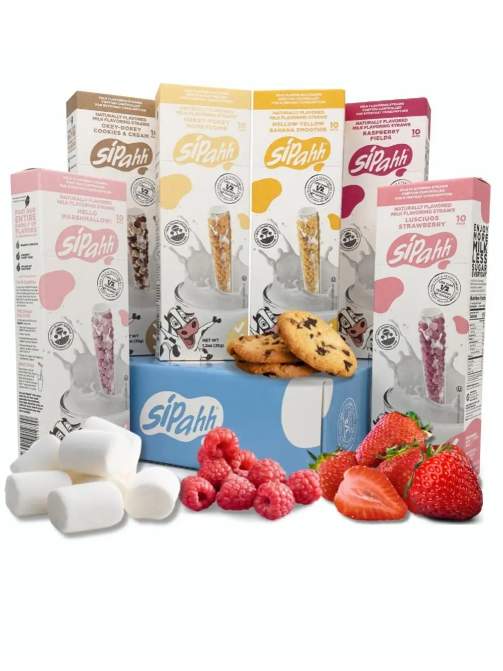 Sipahh Milk Flavoring 60 Straws, Marshmallow, Raspberry, Honeycomb, Strawberry, Cookies & Cream, Banana Smoothie, TASTE ADVENTURE, Low Sugar, Kid-Approved, No Artificial Flavors, Perfect for Lunchboxes, Healthy Snack