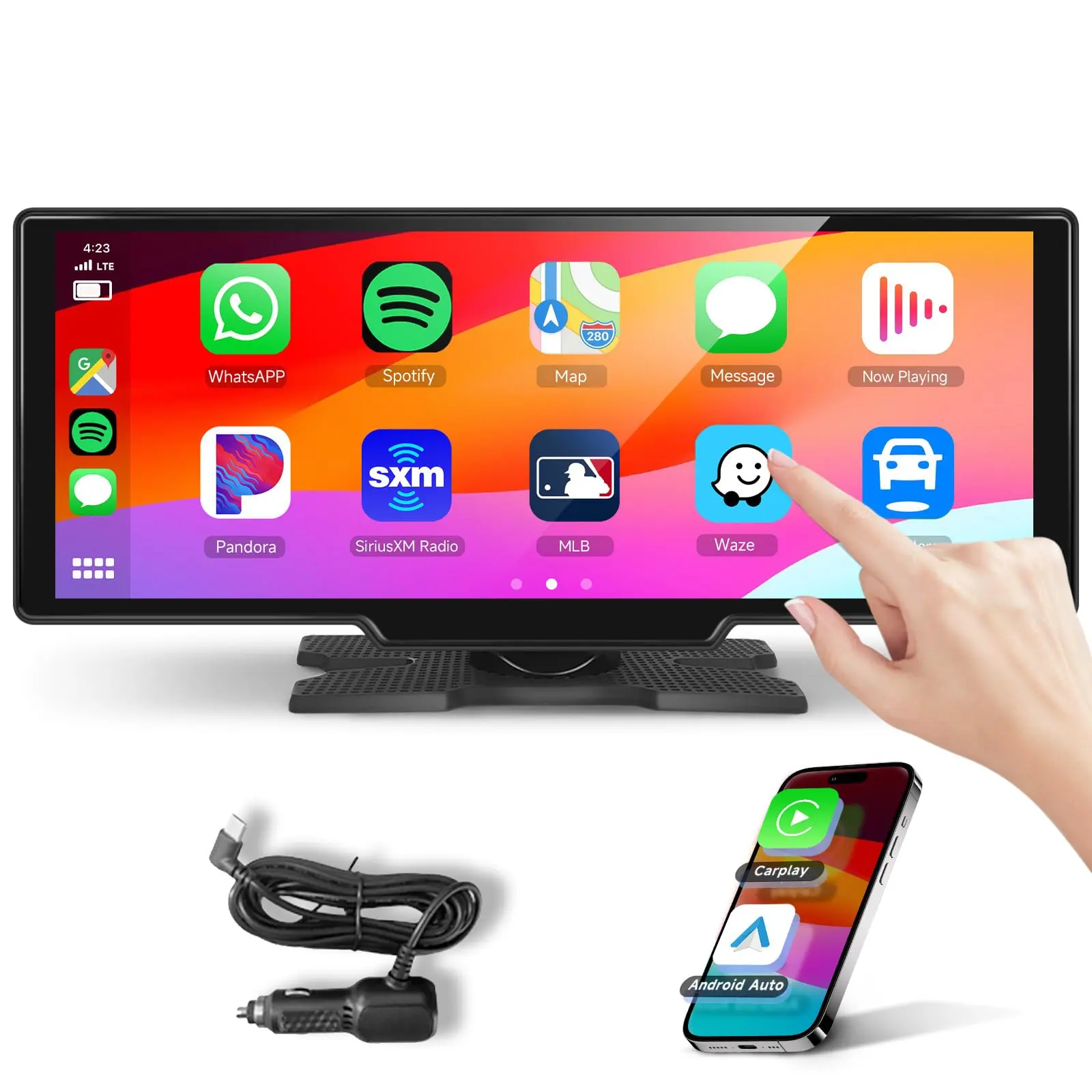 PODOFO 10.26" Large Screen Car Video Player - Plug-N-Play Portable Stereo with CarPlay Touchscreen, Wireless Android Auto, Super Link, 1080P HD Display, Bluetooth, Voice Control, OTA Upgrade, FM Radio, TF Card & AUX Support, Car Stuff, Gifts for Him, Auto