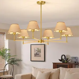Boho Rattan Chandelier, Rattan Pendant Light, 6-Light Modern Farmhouse Industrial Chandelier with Gold Lampshde, 36” Large Pendant Lighting Fixtures with E26 Base, for Kitchen Island Dining Room