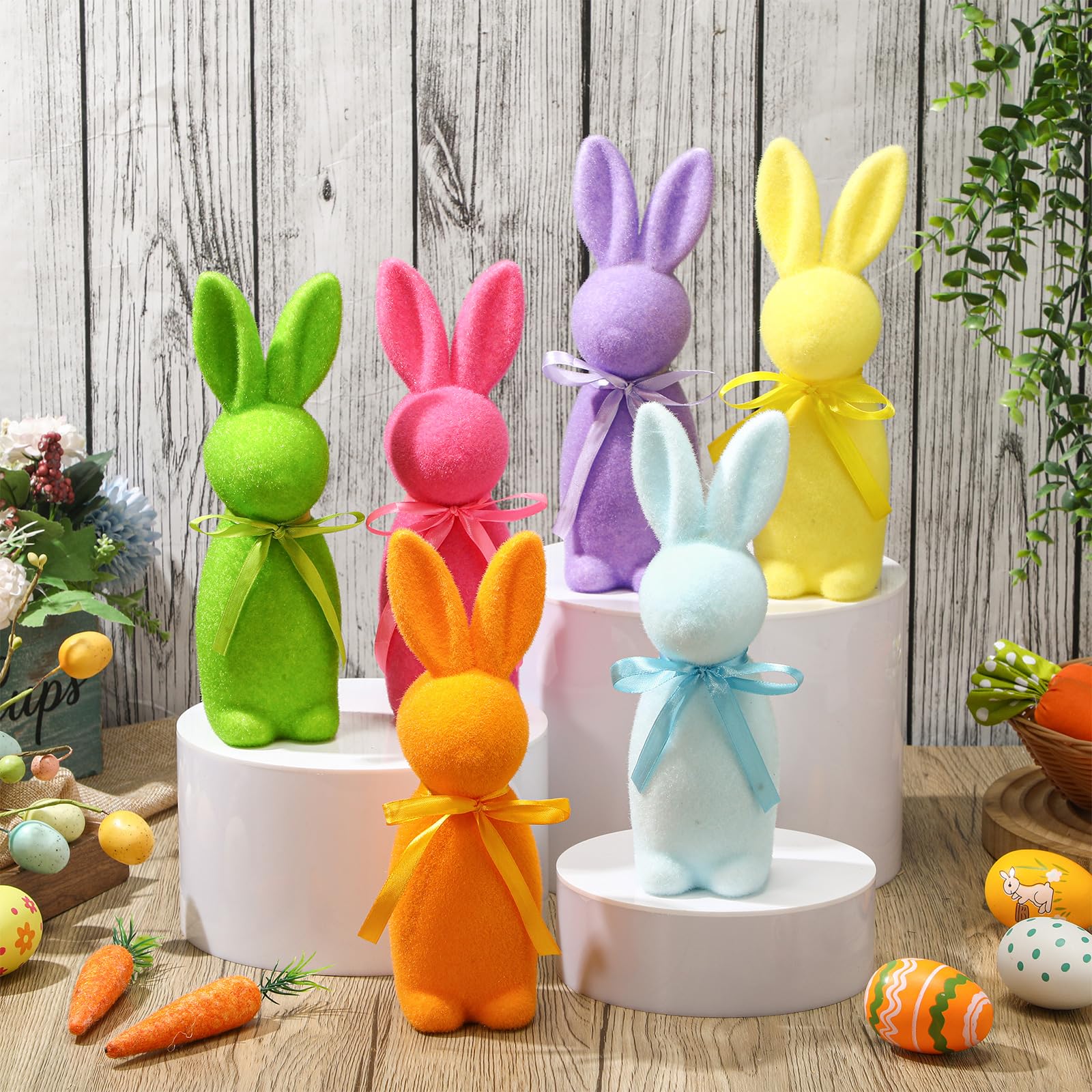 Pastel Flocked Easter Bunny Figurines - 7/6/4 Pcs Cute Velvet Rabbit Statues Set with Bow Ties, Adorable Easter Decor 2026 Bunny in Multiple Sizes & Poses for Tiered Tray Decor Spring Table Centerpiece Shelf Mantel Display Home Party Gifts Basket Stuffers