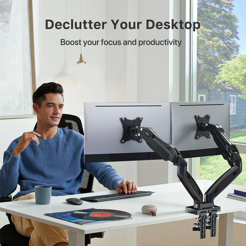 HUANUO Dual Monitor Arm Adjustable Gas Spring Monitor mount for Gaming and Home Office Setups, Monitor Arm hold up to 30" with 19.8 lbs Max Weight and C-Clamp or Grommet Hole Mounting