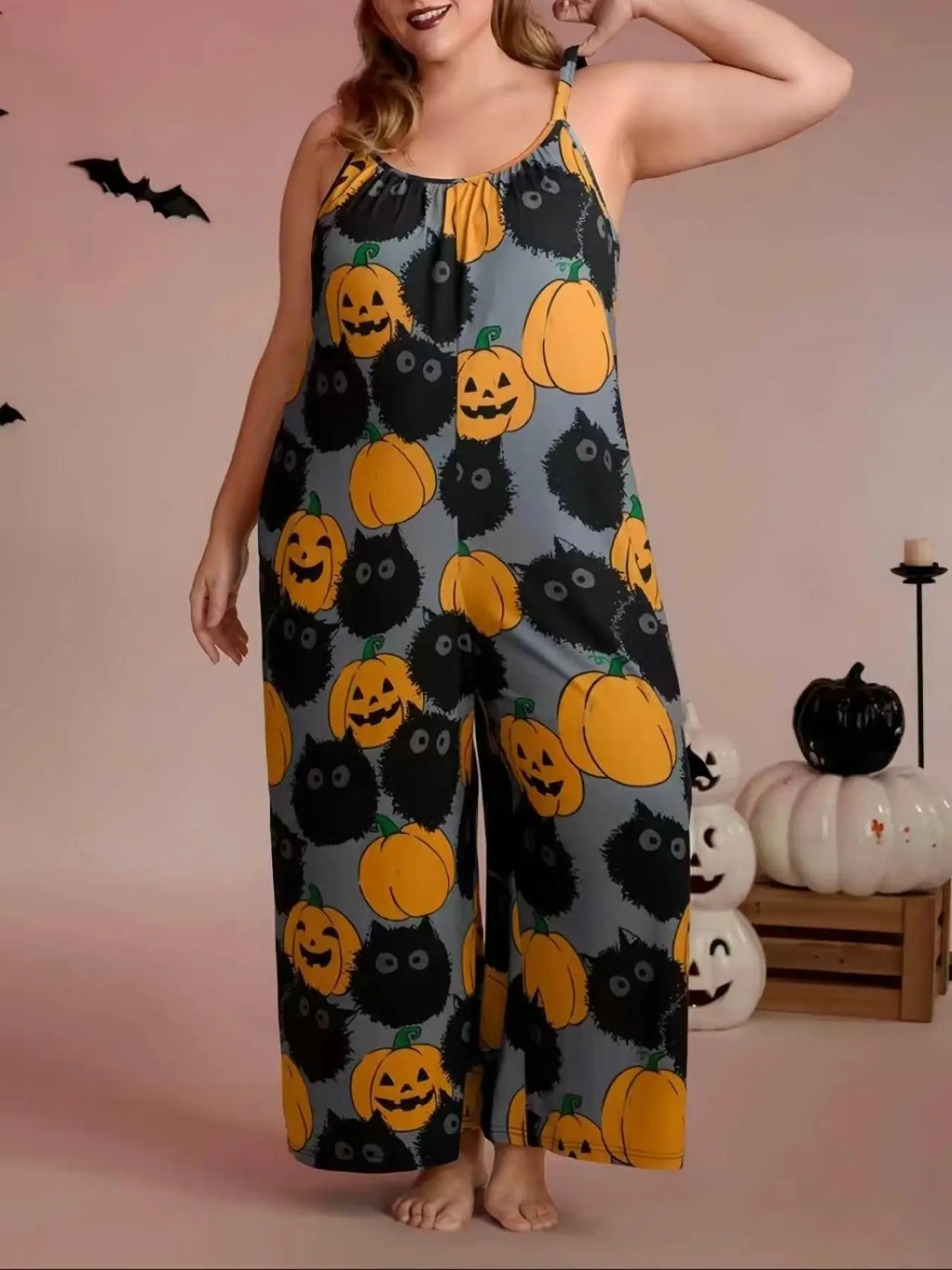 Women's Round Neck Loose Oversized Baggy Romper, Halloween Theme, Sleeveless Wide Leg, Pumpkin and Cat Print, Perfect for Festive Occasions