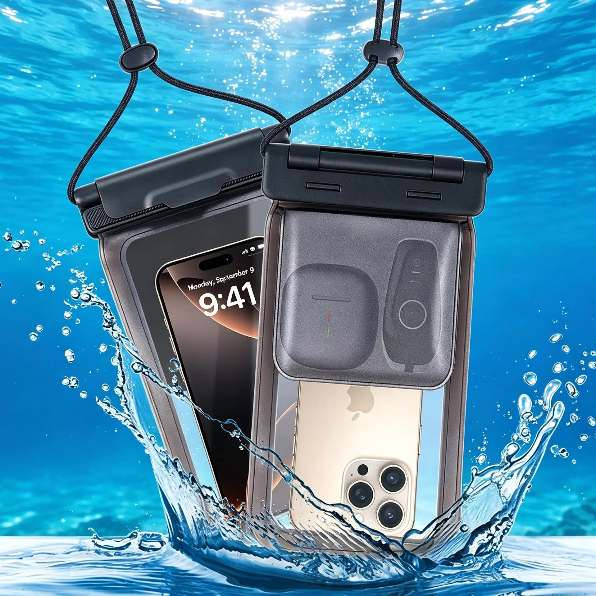 Dual Compartment Waterproof Phone Pouch, 7.5 Inch Large Capacity Fits Phone With Thick Case, Saltwater Resistant Touchscreen Dry Pouch with Lanyard, Outdoor Essentials for Traveler, Beach Swimming Kayaking Cruise Diving，Phone Pouch