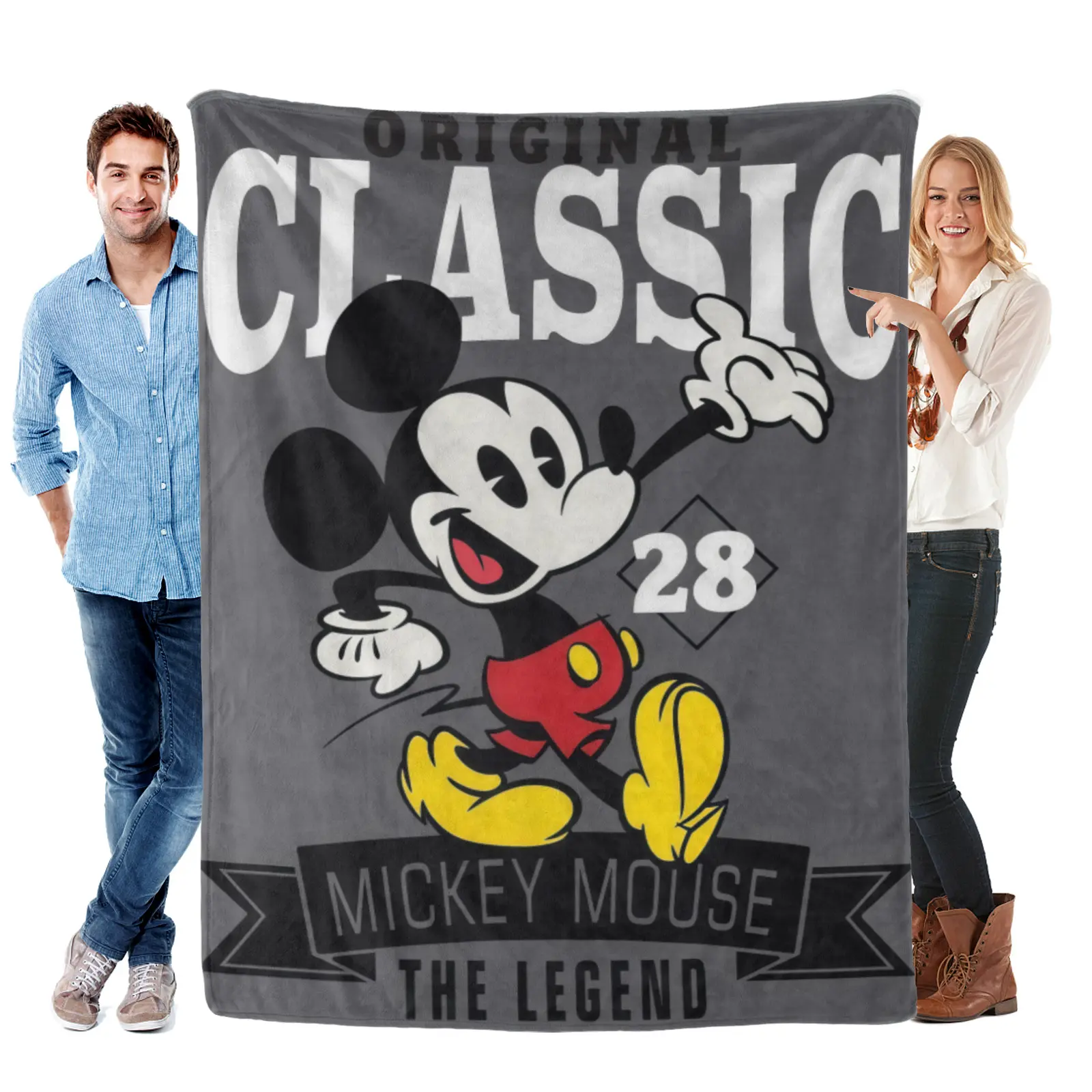 [Summervibes] Disney Retro Typography Classic 28 Gray Base Mickey Mouse Blanket - Machine Washable Wrinkle Resistant, Matching Full Mickey Mouse Bedding For Bedroom Travel Camping