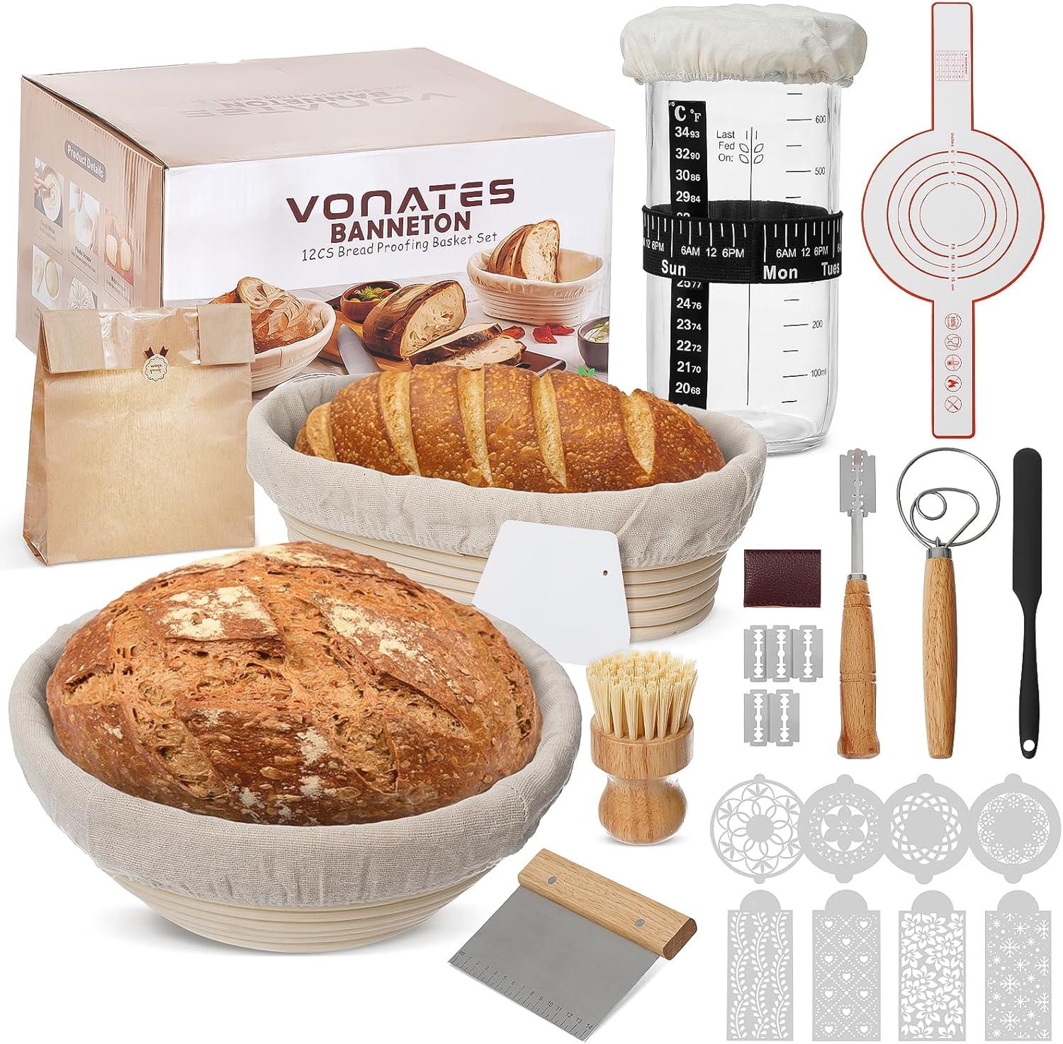 12PCS  Sourdough Starter Kit, Banneton Bread Proofing Basket, 24oz Glass Sourdough Starter Jar, Sourdough Bread Baking Supplies, Sourdough Proofing Basket, Bread Making Tools- B