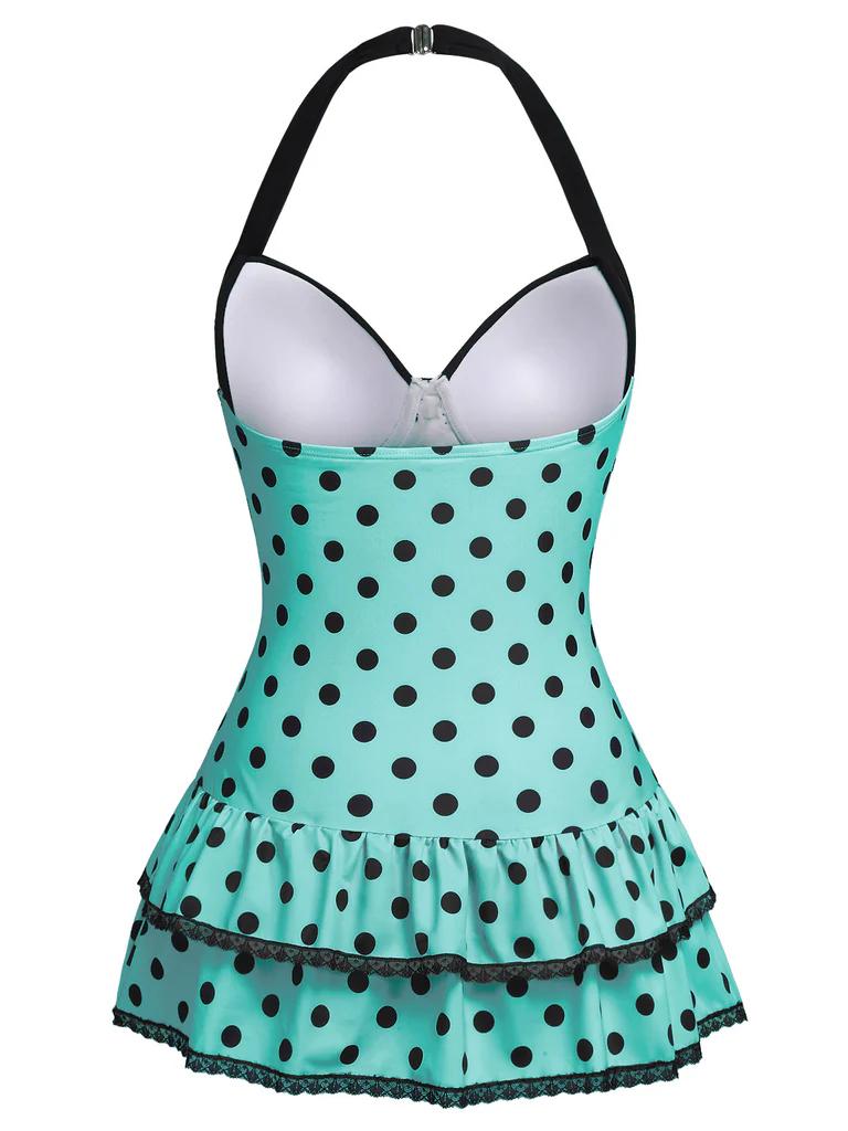 Blue 1940s Halter Polka Dots Bow One-Piece Swimsuit