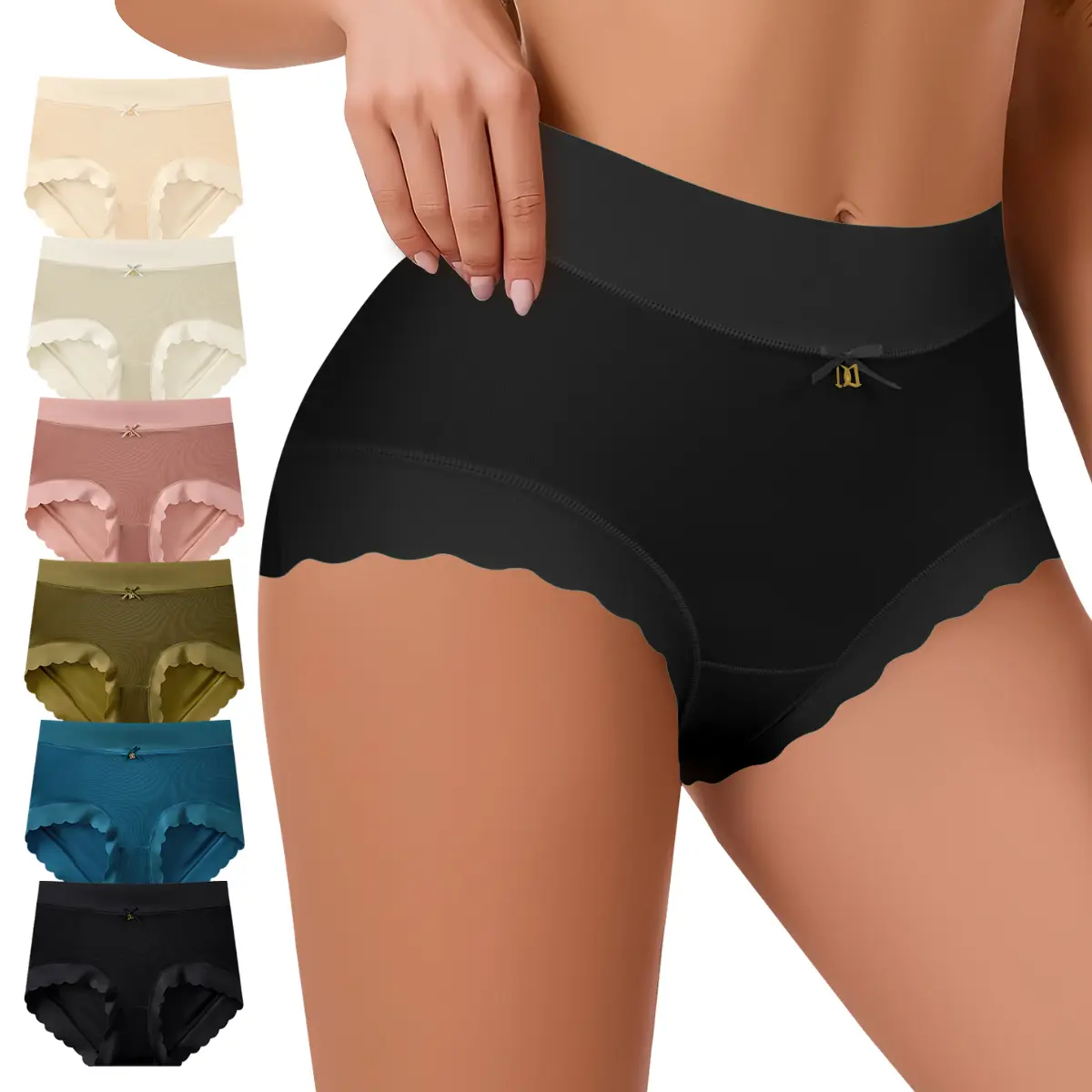 6pcs High-Waisted Ladies Luxe Ice Silky Briefs with Bowtie, High Elasticity Ultra-Soft Smooth Underwear for Womenswear, Solid Breathable Lightweight Briefs Set for Womens Dailywear, S-XXL