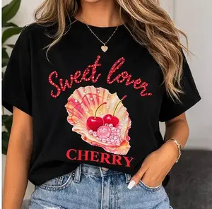 Women's Summer T-Shirt with Cherry and Shell Graphic Sparkling Details Short Sleeve Medium Length Casual Tee for Everyday Wear - Fabric