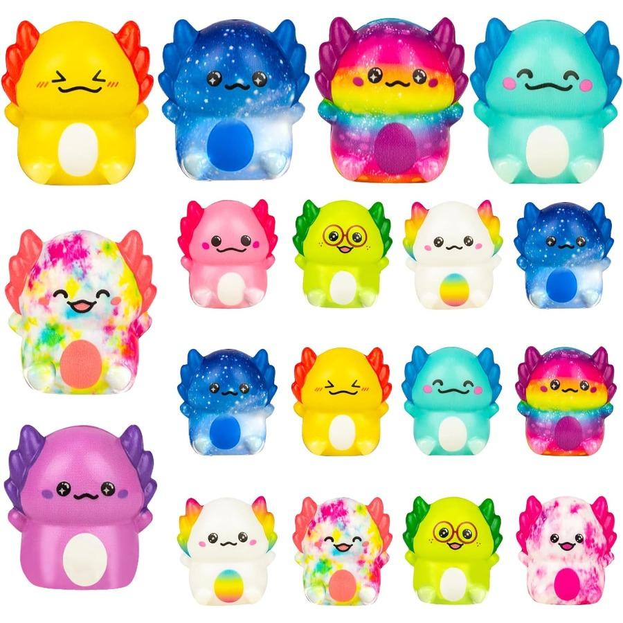 12-pack of slow-rising Mexican axolotl toys in assorted colors.Soft, stress-relieving, and silent-perfect as party favors, novelty prizes, or pocket-sized fidget toys for both kids and adults.